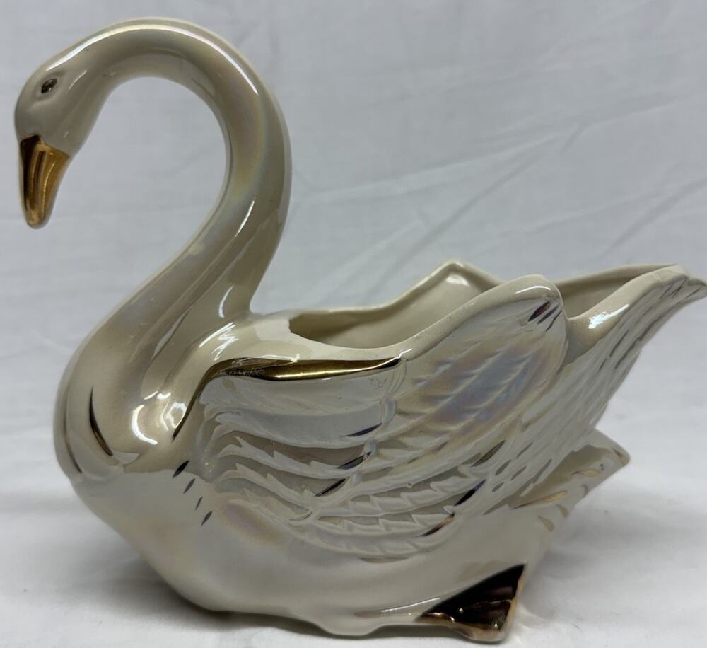 Vintage Royal Copley Swan Flower Planter White Iridescent with Gold Trim 1950's